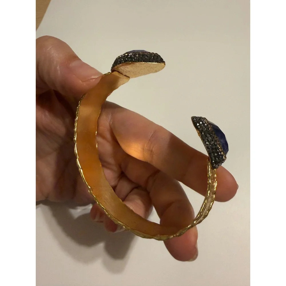 Hammered Gold Tone Blue Stone Pave Crystal Open‎ Cuff Statement Bracelet